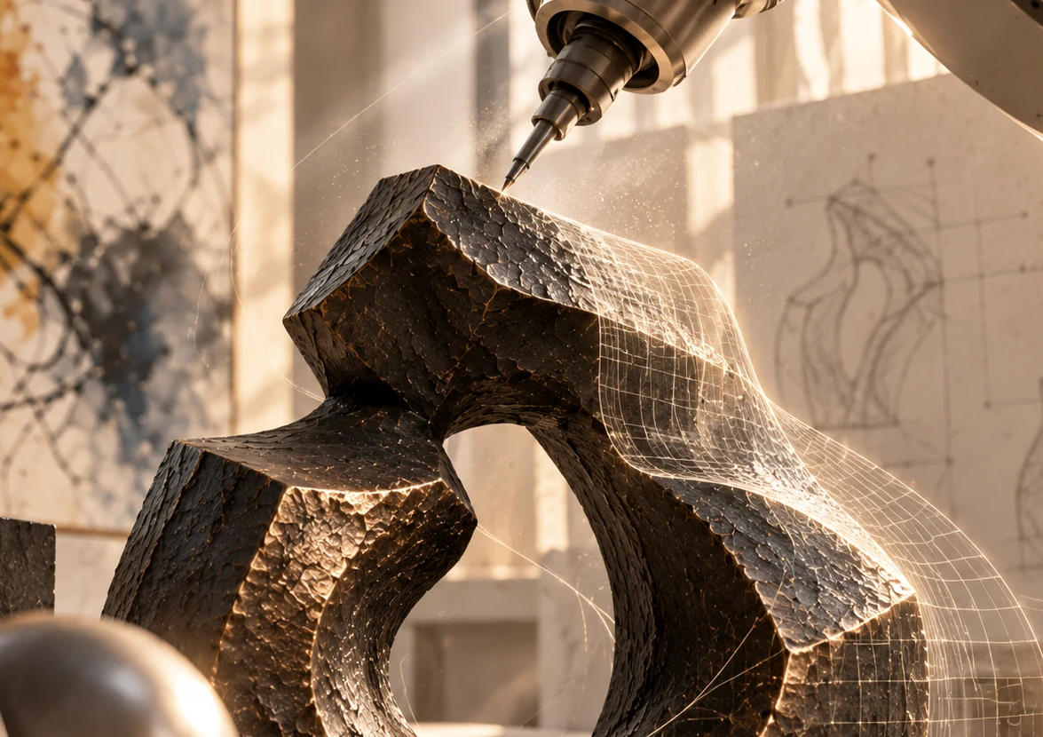 Concept visualization of an advanced fabrication process shaping a sculptural surface